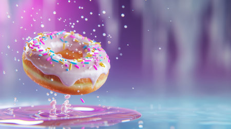 A whimsical floating donut topped with colorful sprinkles creates a playful and vibrant scene, perfect for dessert lovers and creative projects.の素材