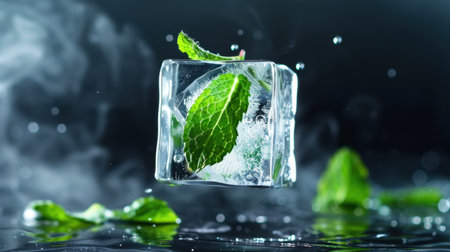 A visually striking image of a fresh mint leaf encapsulated in a clear ice cube, surrounded by bubbles and a misty atmosphere. Ideal for refreshing drink concepts.の素材
