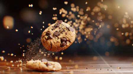 A chocolate chip cookie flying through the air, surrounded by crumbs and sparkles, captures the essence of fresh, homemade delight on a rustic wooden surface.の素材
