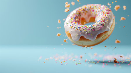 This vibrant image showcases a pink frosted doughnut adorned with colorful sprinkles, artistically suspended in mid-air against a light blue background, evoking joy.の素材