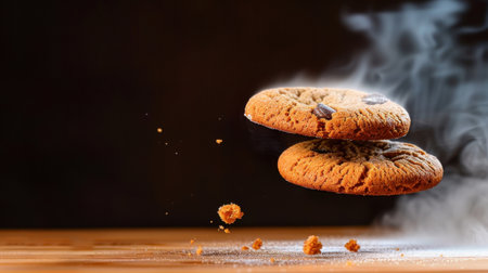 This visually appealing image captures two freshly baked chocolate chip cookies floating with steam, highlighting their warm and comforting texture against a dark backdrop.の素材