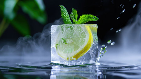 A vibrant ice cube encased with a lemon slice and mint leaves adds a refreshing touch to any beverage. Captured against a dark backdrop, the droplets and mist evoke a cool and invigorating experience perfect for a summer drink.の素材