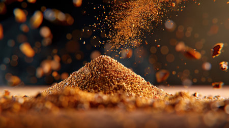 A captivating close-up image of a fine brown powder forming a small heap, illuminated by sparkling particles, showcasing texture and depth.の素材