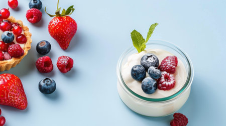 Enjoy a delicious yogurt dessert featuring vibrant berries and mint leaves, perfect for healthy snacking or breakfast. Ideal for summer enjoyment.の素材