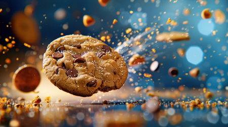 A captivating image of a chocolate chip cookie mid-air with crumbled pieces flying around. Vivid colors and dynamic motion create an engaging perspective on a delicious snack.の素材