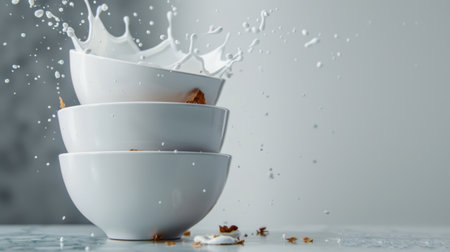 This captivating image features three white bowls stacked elegantly, creating a dramatic milk splash effect. The composition highlights movement and freshness, perfect for food-related themes.の素材