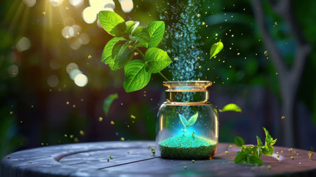 A captivating image of a plant emerging from vibrant green soil inside a glass container, illuminated by golden sunlight and sparkling particles, representing growth and vitality.の素材