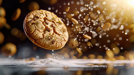 A stunning high-speed capture of a chocolate chip cookie suspended in motion, surrounded by crumbs and flour, showcasing detail and texture.の素材