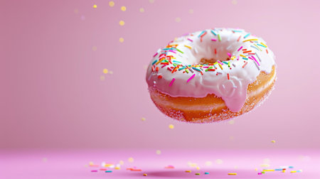 A delightful and colorful donut with a creamy white frosting and sprinkles floats gently against a soft pink background, evoking feelings of joy and indulgence.の素材