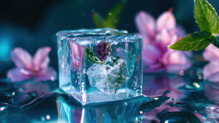 This stunning image features a frozen block of ice encasing vibrant flowers and mint leaves, set against a serene water background, perfect for evoking a refreshing feel.の素材