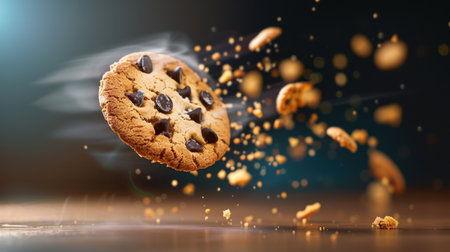 A visually striking image of a chocolate chip cookie in mid-air, surrounded by flying crumbs and particles, evoking a sense of motion and deliciousness.の素材