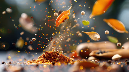 This dynamic image showcases an explosion of colorful spices and herbs, beautifully suspended in the air against a soft background. Perfect for culinary themes.の素材