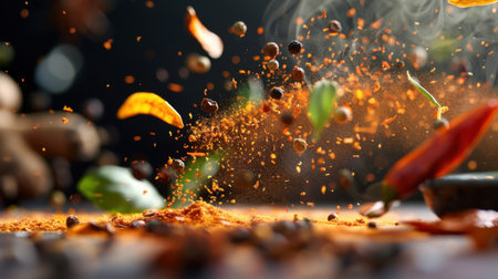 This dynamic image captures a vibrant explosion of spices, showcasing the rich textures and colors of culinary ingredients in motion, perfect for cooking themes.の素材