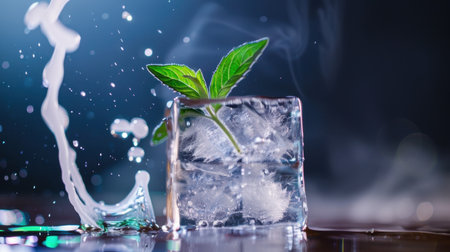 Close-up view of clear ice cube featuring fresh mint leaves, creating a captivating scene with water splash, perfect for beverage visuals and culinary inspiration.の素材