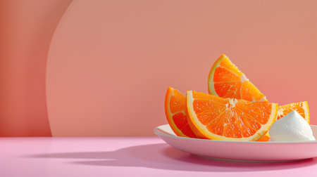 Bright and vibrant orange slices displayed on a white plate with a dollop of creamy topping, set against a soft pastel background, evoking freshness.の素材