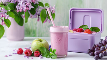 A vibrant berry smoothie in a jar sits alongside a purple lunchbox filled with fresh fruits, creating a colorful and healthy snack display.の素材