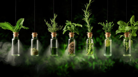 A captivating display of fresh herbs in glass jars with cork stoppers hanging against a dark green background, symbolizing freshness and natural ingredients.の素材