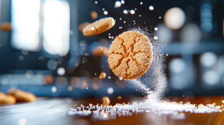 A captivating image of a flying cookie surrounded by sugar sprinkles, showcasing dynamic motion against a blurred kitchen background. Perfect for food and dessert themes.の素材