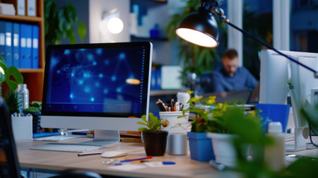 A vibrant office workspace featuring a sleek computer display, lush green plants, and modern decor, ideal for fostering creativity and productivity.の素材