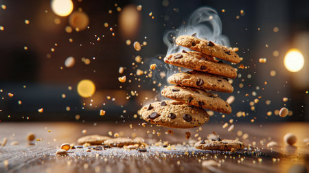 Experience the whimsical beauty of floating chocolate chip cookies surrounded by crumbs and a gentle smoke in a cozy setting, evoking warmth and indulgence.の素材
