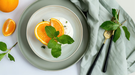 A visually appealing arrangement featuring a dessert with whipped cream, fresh orange slices, and mint leaves on a stylish plate, ideal for culinary photography.の素材