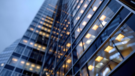 A stunning view of a modern skyscraper showcasing intricate glass reflections and warm evening lights, creating a captivating urban atmosphere.の素材