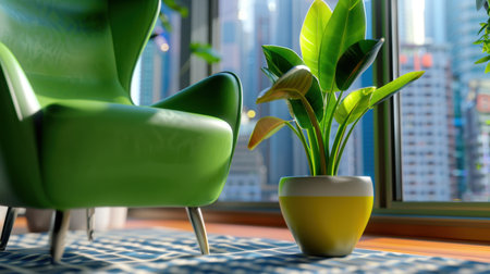 A spacious modern living area featuring a cozy green chair, a vibrant indoor plant in a stylish pot, and a stunning city view through large windows.の素材
