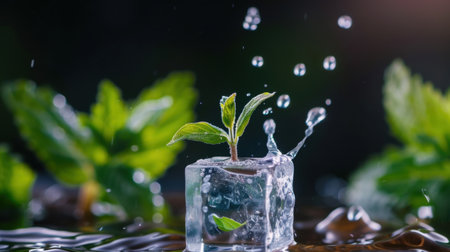 A captivating close-up of a fresh green plant emerging from a clear ice cube, surrounded by water droplets and vibrant mint leaves, emphasizing the beauty of nature.の素材