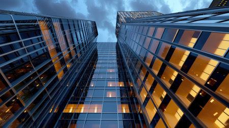 This captivating photograph captures towering urban buildings at dusk, showcasing striking glass facades reflecting the beautiful twilight sky.の素材