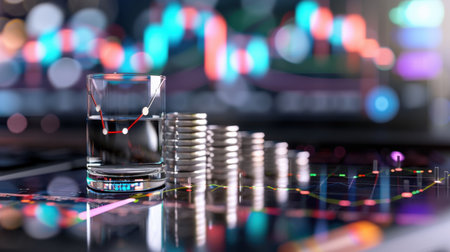 A dynamic representation of financial progress with a glass of water, stacks of coins, and vibrant digital charts that illustrate market movements and trends.の素材
