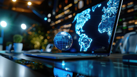 A sleek laptop displays a vibrant global network visualization in a modern office setting, showcasing innovation and digital connectivity. The scene captures the essence of technology and collaboration in a futuristic workspace.の素材