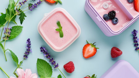 A vibrant smoothie bowl featuring fresh berries, nestled in a container and surrounded by colorful fruits and flowers, perfect for a healthy lifestyle.の素材