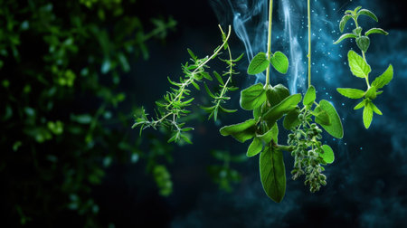 An artistic composition featuring fresh herbs such as thyme, basil, and mint, suspended in the air amidst soft swirling smoke against a dark backdrop, perfect for culinary and aromatic use.の素材