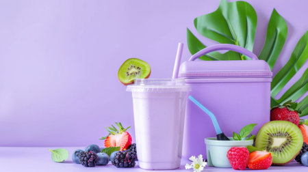 A visually appealing composition featuring a refreshing purple smoothie alongside a stylish blender and a variety of fresh fruits. The vibrant setting emphasizes health and vitality, perfect for a summer theme.の素材
