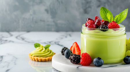 A visually appealing dessert featuring creamy green mousse topped with an array of fresh berries and mint leaves, perfect for events or special occasions.の素材