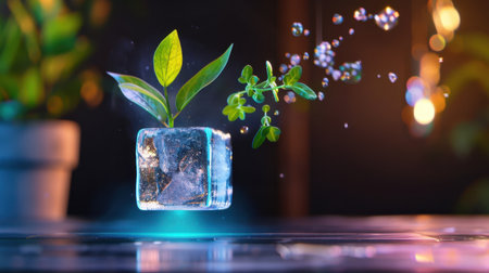 A stunning visual of a green plant emerging from a crystal-clear ice cube surrounded by bubbles, creating a serene and modern aesthetic perfect for nature-themed projects.の素材