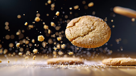 This dynamic image captures a cookie in mid-air, surrounded by sugar crystals and crumbs, creating an exciting visual effect that emphasizes freshness and deliciousness.の素材