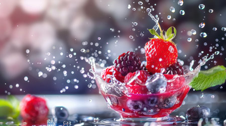A beautiful arrangement of fresh berries creating a dynamic water splash in a transparent bowl, showcasing vibrant colors and invigorating freshness.の素材