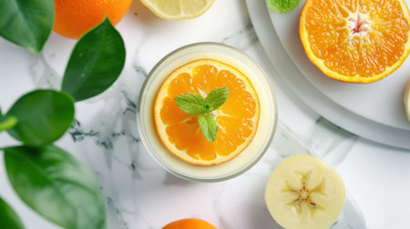 A captivating image of a refreshing citrus dessert featuring orange slices and a mint garnish, beautifully arranged on a marble surface, perfect for summer.の素材