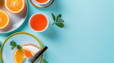 A charming arrangement featuring vibrant orange slices, a delicious tart, and herbal tea on a soft blue background, ideal for summer treats.の素材