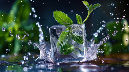 A captivating image featuring fresh mint leaves encapsulated in ice, surrounded by splashes of water. Perfect for food and beverage themes.の素材