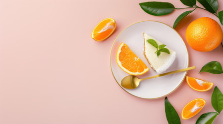 A delightful dessert sits elegantly on a plate, surrounded by vibrant orange slices and fresh mint. Perfect for showcasing sweetness and freshness.の素材