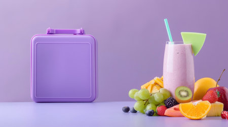 A vibrant purple lunchbox sits alongside a refreshing fruit smoothie, blending health and aesthetics for an enticing arrangement perfect for snack time.の素材