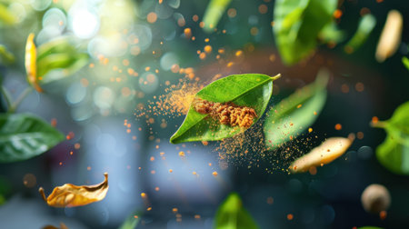 A mesmerizing display of floating green leaves intertwined with spices and dust particles creates a serene and artistic ambiance, perfect for nature lovers.の素材