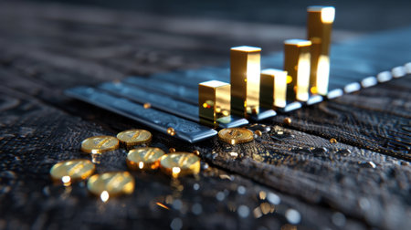A visually striking composition featuring golden bars and coins on a textured dark wooden surface, symbolizing financial growth and investment potential.の素材