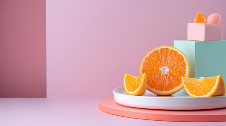A visually appealing arrangement of fresh orange slices on a white plate, paired with colorful geometric shapes against a soft pastel background, enhancing the modern aesthetic.の素材