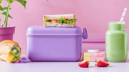 This vibrant image showcases a colorful lunchbox with a fresh sandwich balanced on top, accompanied by a smoothie and bright fruits, perfect for meal prep or casual dining.の素材