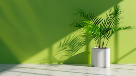 A vibrant indoor scene featuring a lush green plant in a modern white pot against a striking green wall. Strong sunlight creates captivating shadows, enhancing the overall aesthetic. Perfect for nature lovers and home decor enthusiasts.の素材