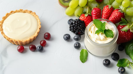 A tempting display of creamy desserts paired with vibrant seasonal fruits, showcasing a perfect balance of flavors and colors, ideal for culinary inspiration.の素材