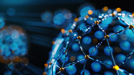 This image illustrates an abstract view of molecular structures with blue tones and glowing particles, offering a glimpse into scientific exploration and innovation.の素材